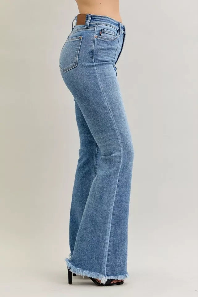 Judy Blue High Waist Flare Fray Hem Jeans with Front Pintuck Detail OutfitFlow