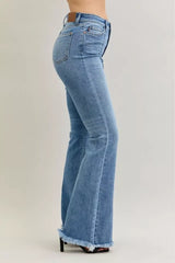 Judy Blue High Waist Flare Fray Hem Jeans with Front Pintuck Detail OutfitFlow
