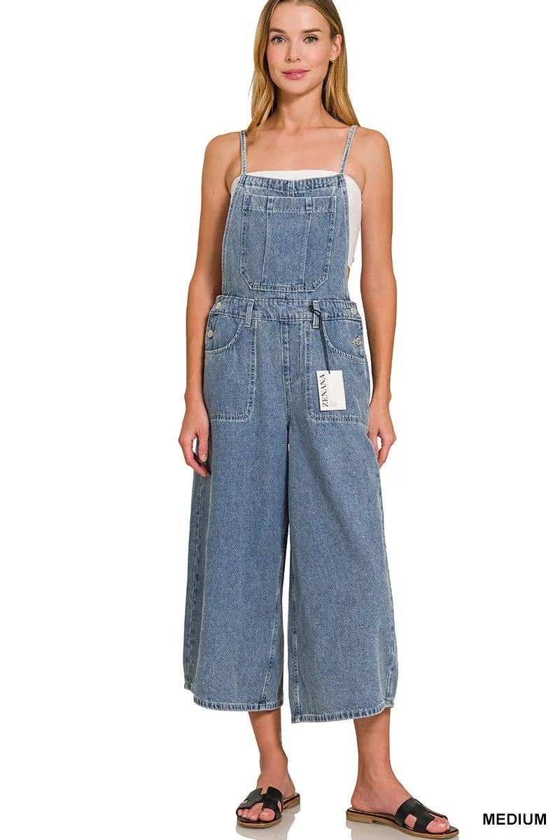 Zenana Denim Medium Washed Wide Leg Overalls Trendsi