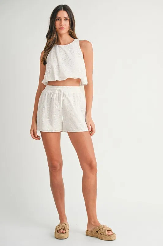 MABLE Eyelet Bubble Hem Sleeveless Top and Shorts Set OutfitFlow