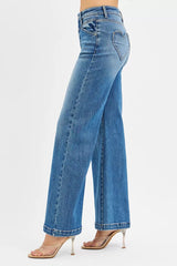 RISEN High Rise Wide Leg Jenas with Front Yoke and Heart Back Pocket OutfitFlow