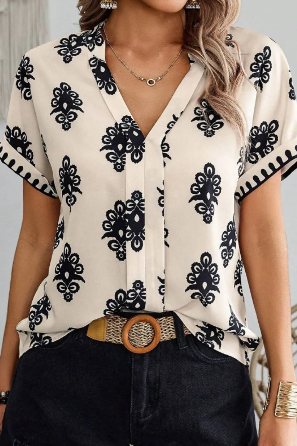 Printed Short Sleeve Loose Blouse OutfitFlow