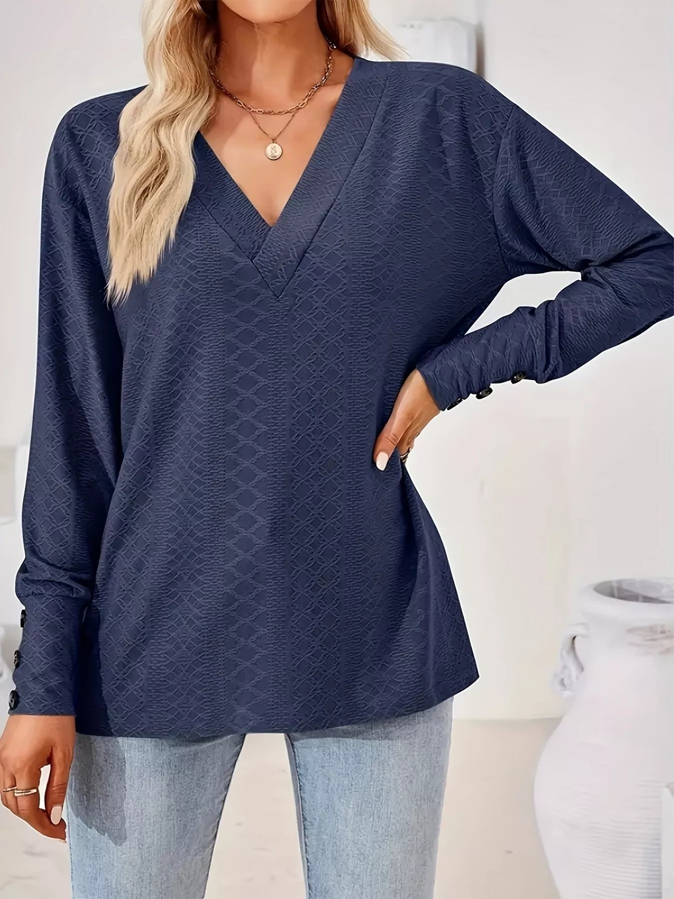 Plus Size V-Neck Textured Long Sleeve T-Shirt OutfitFlow