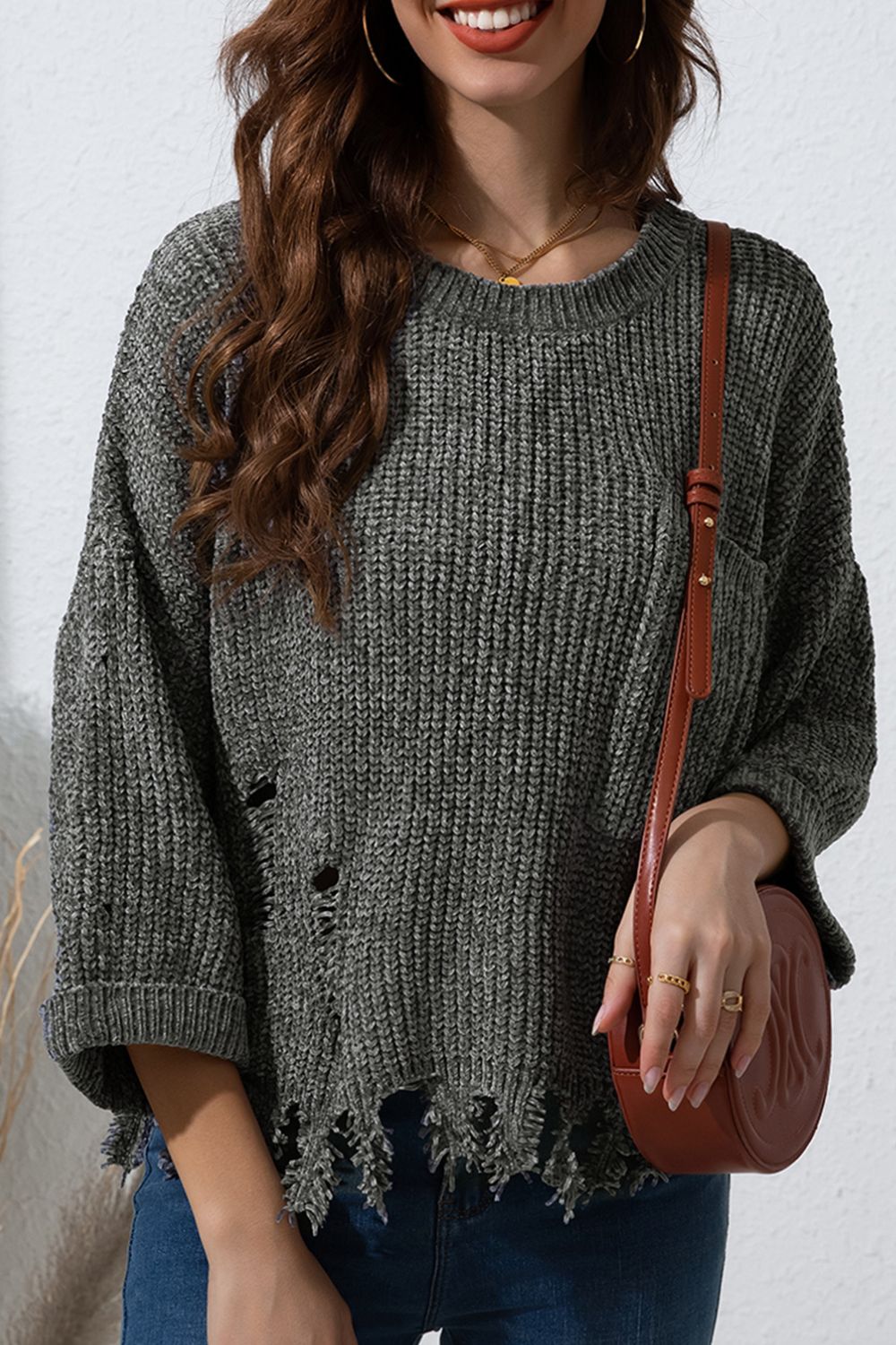 Outfit Flow - Distressed Round Neck Drop Shoulder Sweater