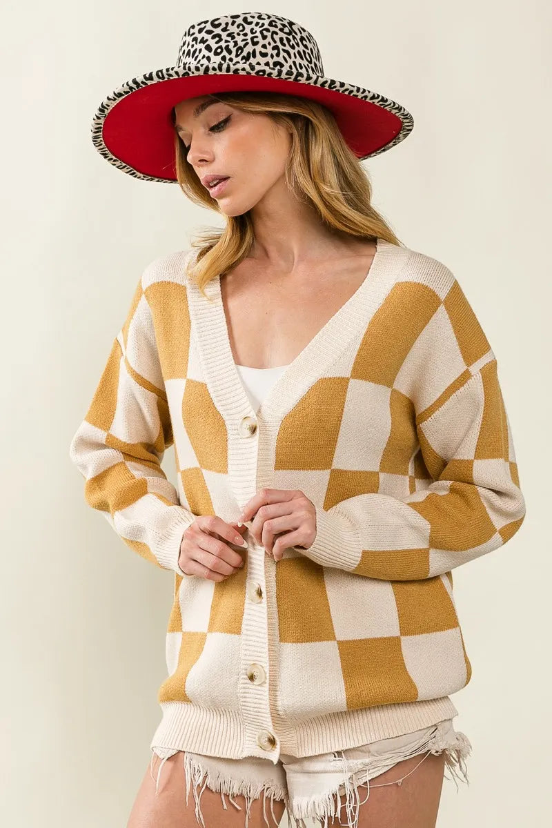 BiBi Checked V-neck Cardigan OutfitFlow