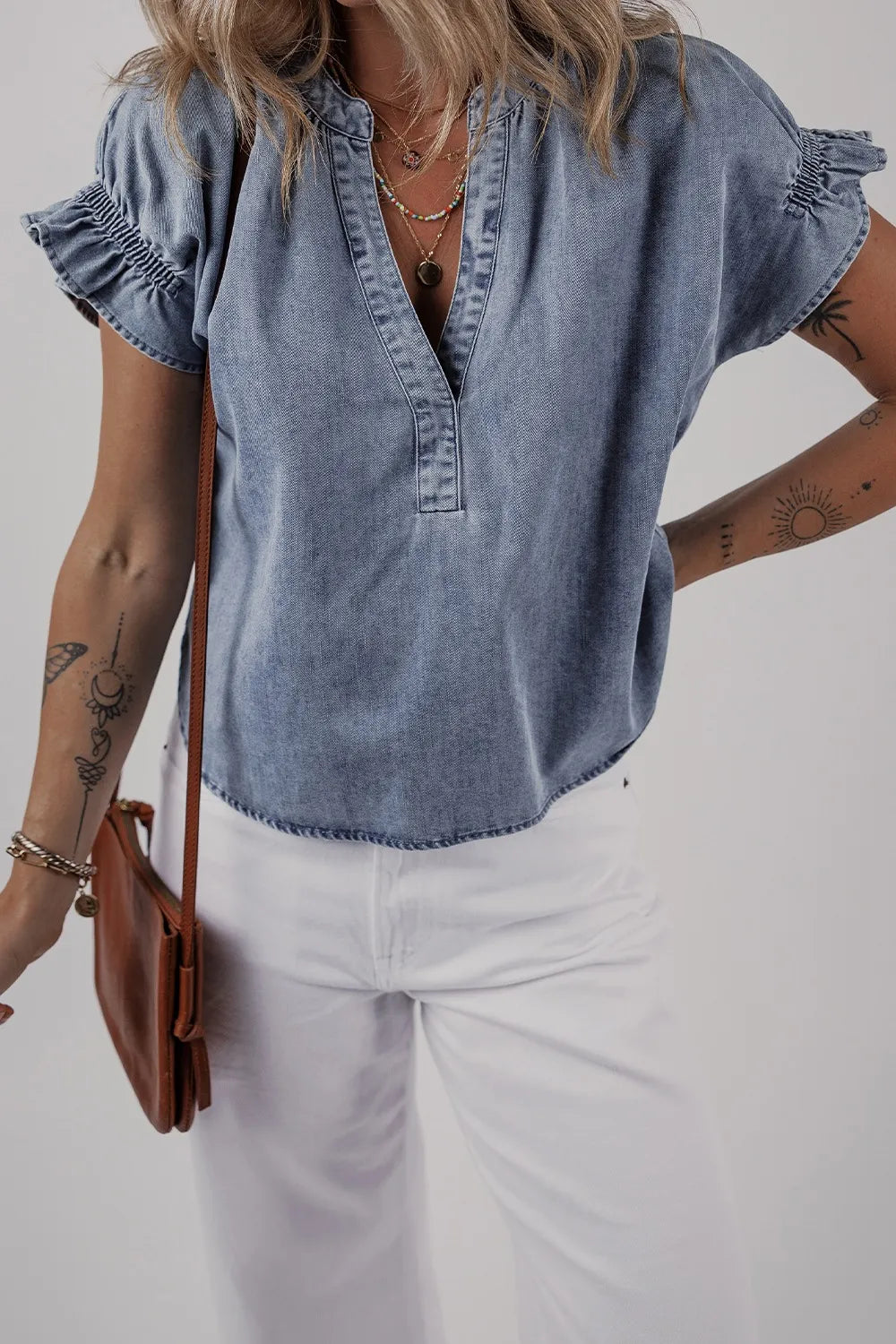 V Neck Ruffled Short Puff Sleeve Denim Top OutfitFlow