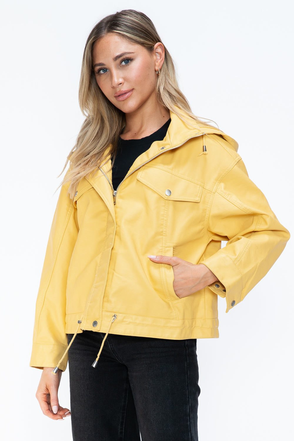 Outfit Flow - How Dare U Drawstring Hem PU Leather Zip Up Jacket