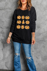 Pumpkin Round Neck Long Sleeve Sweatshirt OutfitFlow