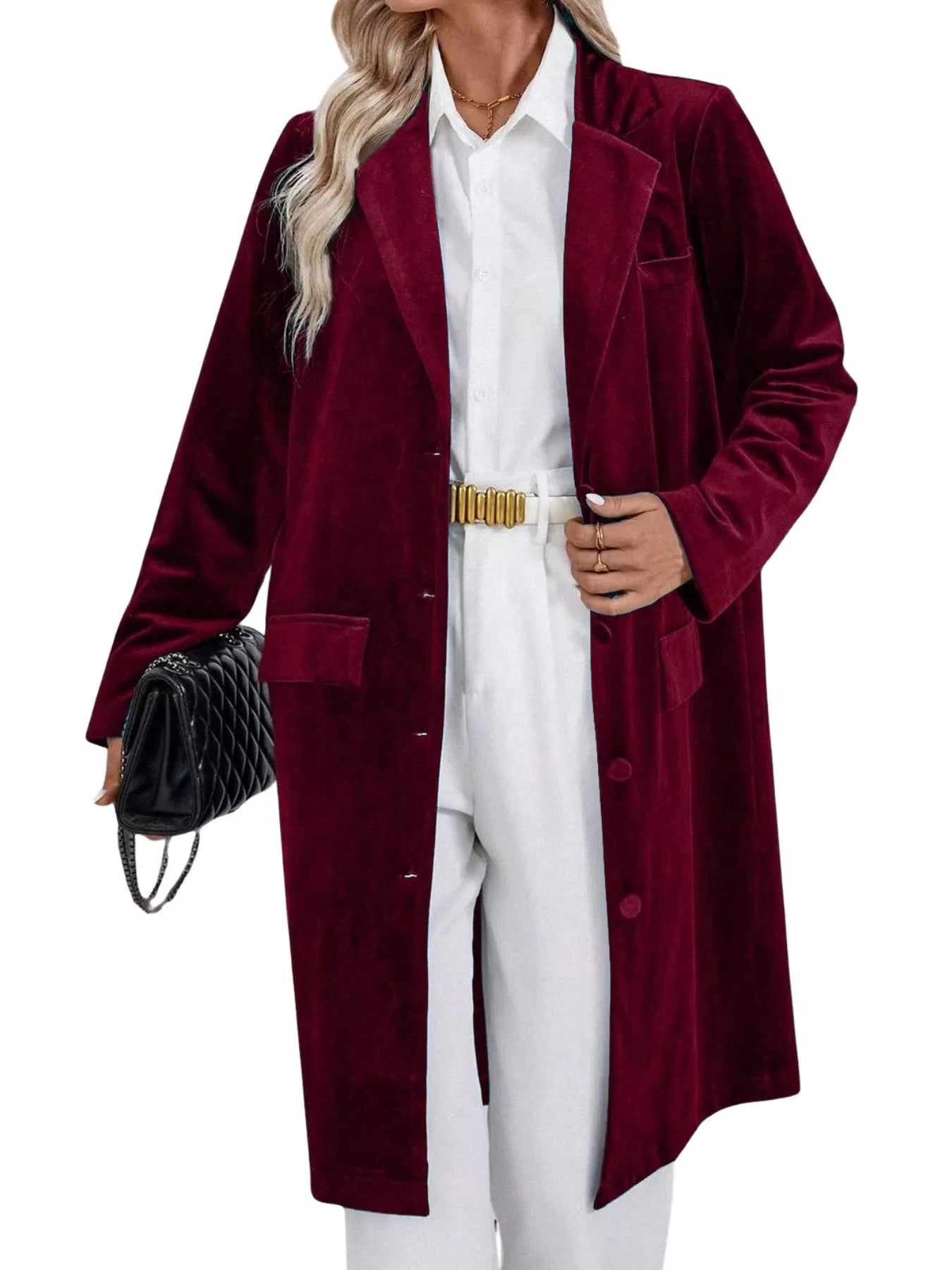 Lapel Collar Long Sleeve Longline Coat Burgundy OutfitFlow
