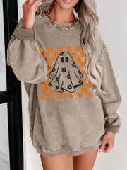 Halloween Checkerboard Floral Ghost Graphic Corded Sweatshirt OutfitFlow