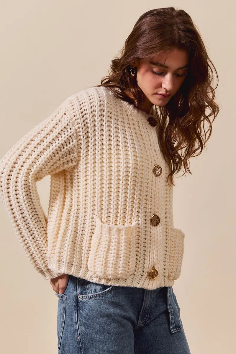 SO ME Metal Button Long Sleeve Chunky Sweater Cardigan OutfitFlow