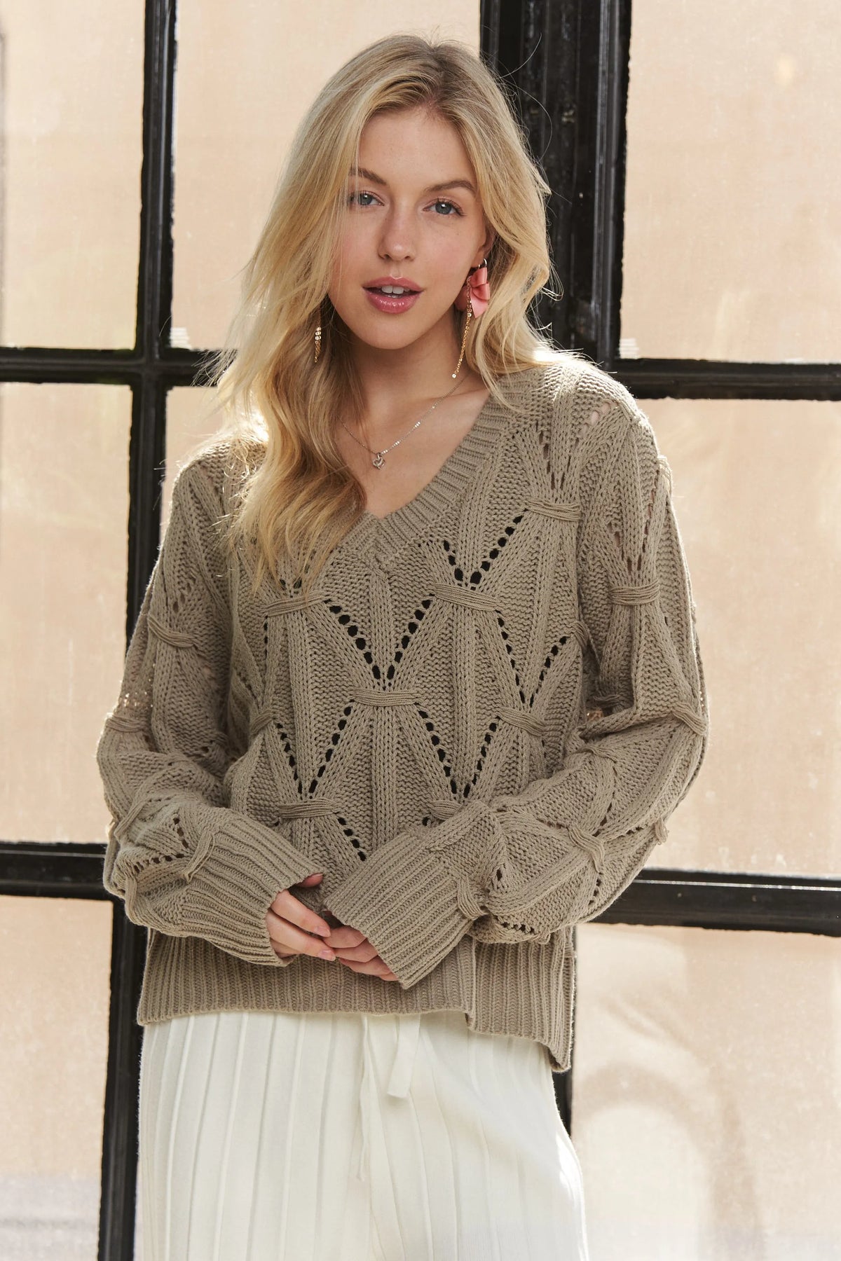 ADORA Loose Fit V Neck Knit Top KHAKI OutfitFlow