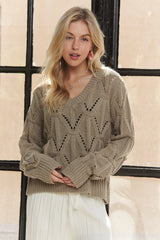 ADORA Loose Fit V Neck Knit Top KHAKI OutfitFlow