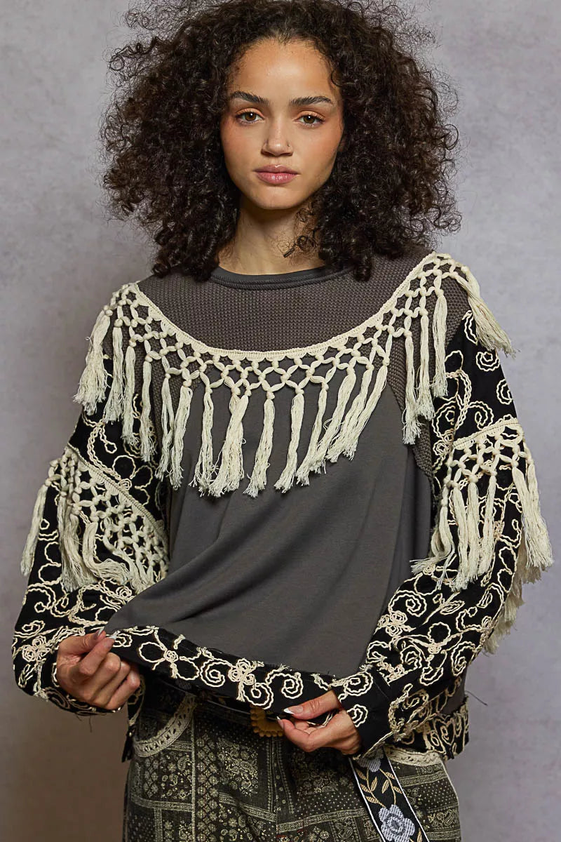 POL Contrast Floral Embroidery Balloon Sleeve Top with Tassel Trim OutfitFlow