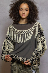 POL Contrast Floral Embroidery Balloon Sleeve Top with Tassel Trim OutfitFlow