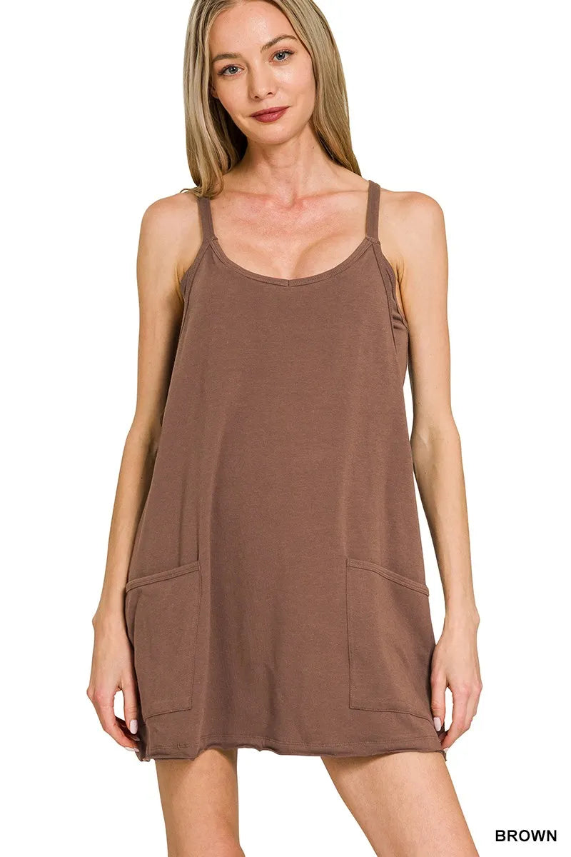 Zenana Cami Mini Dress with Built-in Romper Liner BROWN Trendsi
