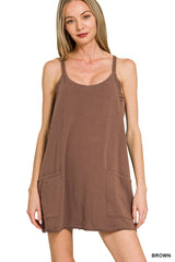 Zenana Cami Mini Dress with Built-in Romper Liner BROWN Trendsi
