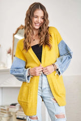 ADORA Full Size Frayed Denim Sleeve Sweater Cardigan Plus Size OutfitFlow