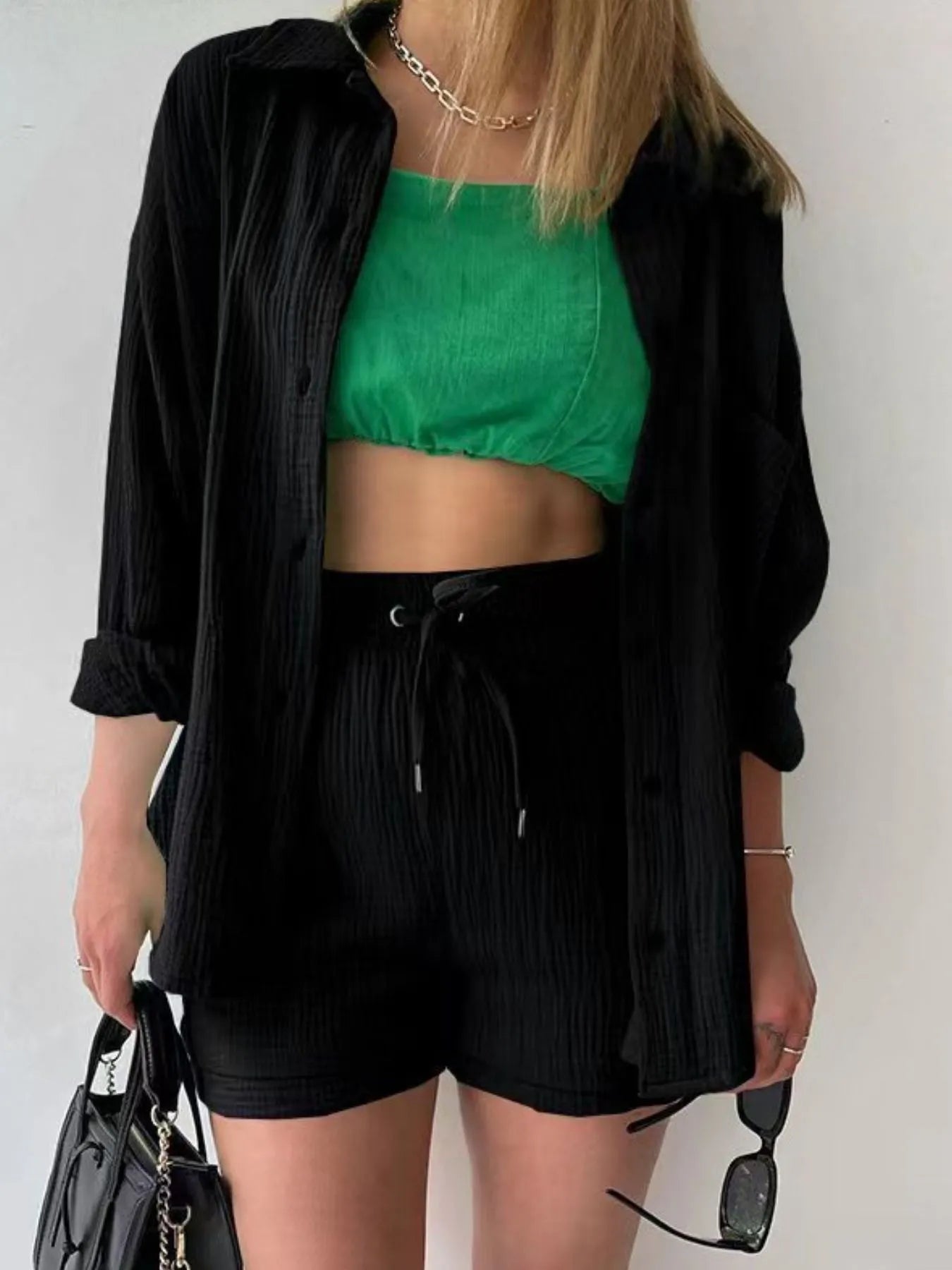 Textured Button Up Shirt and Shorts Set OutfitFlow