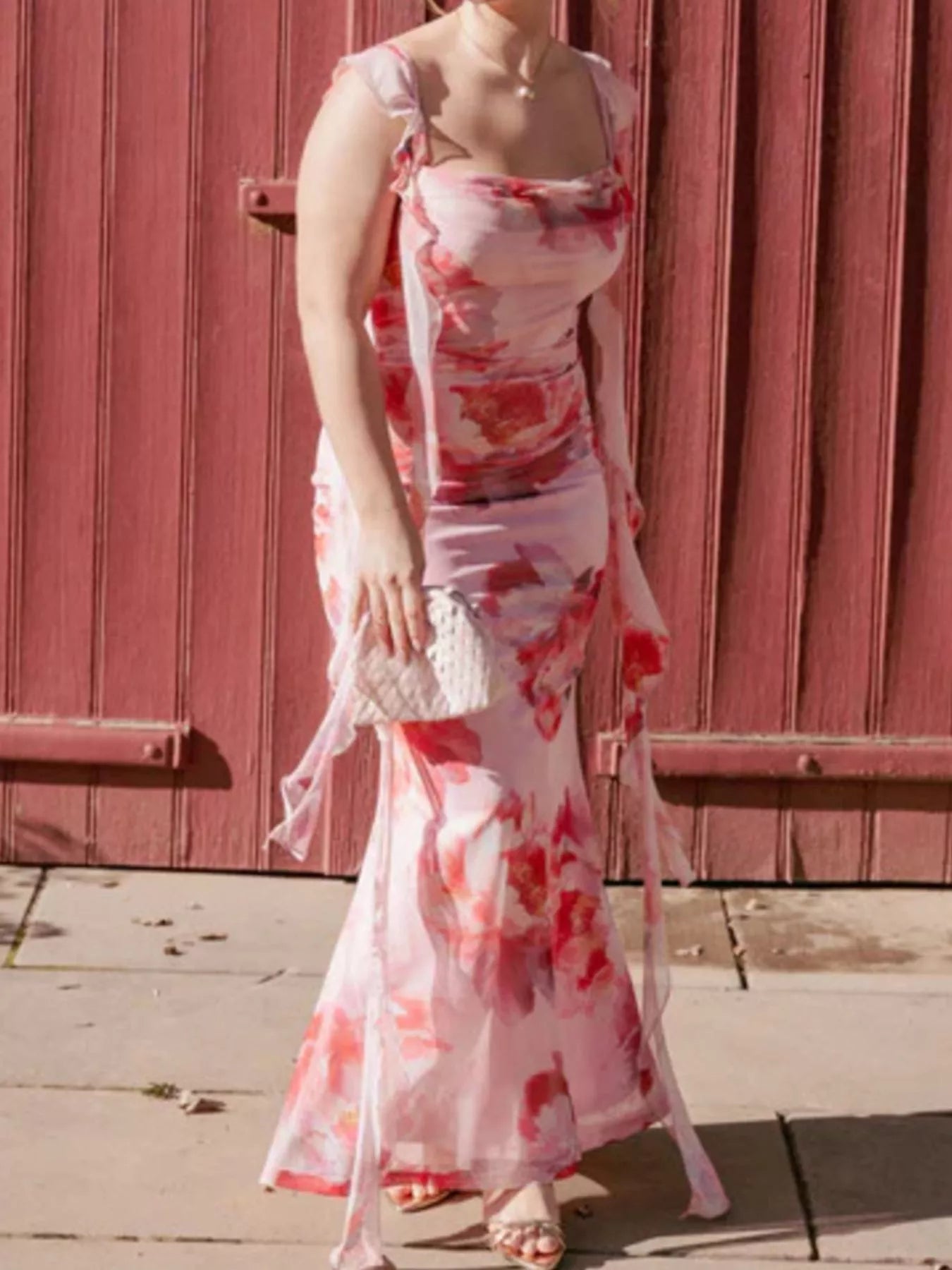 Floral Print Ruffle Trim Bodycon Maxi Dress OutfitFlow