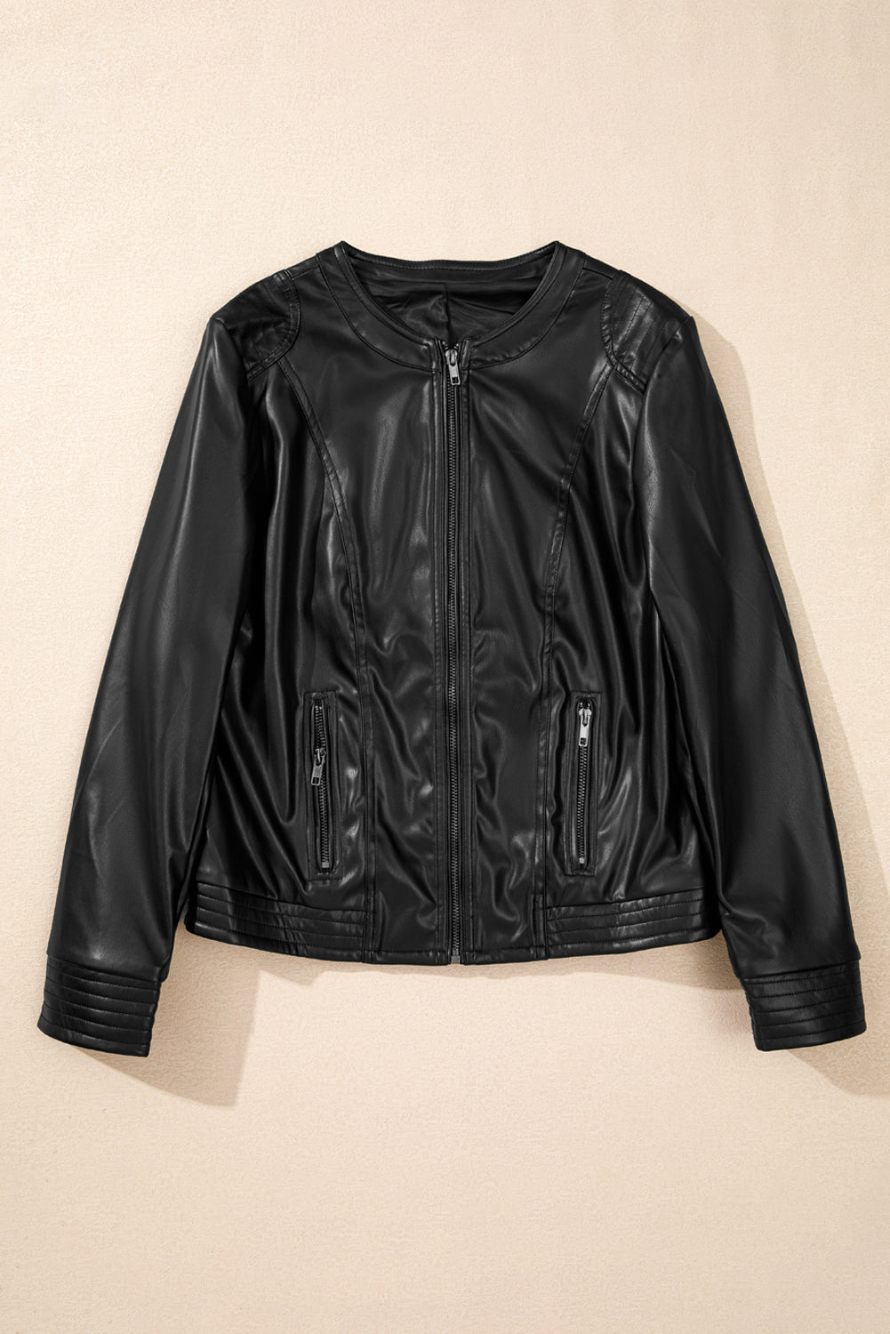 Outfit Flow - PU Leather Round Neck Long Sleeve Jacket