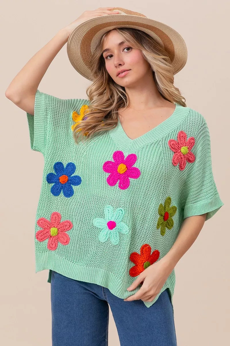 BiBi Flower Patches Dolman Sleeve Lightweight Sweater Trendsi