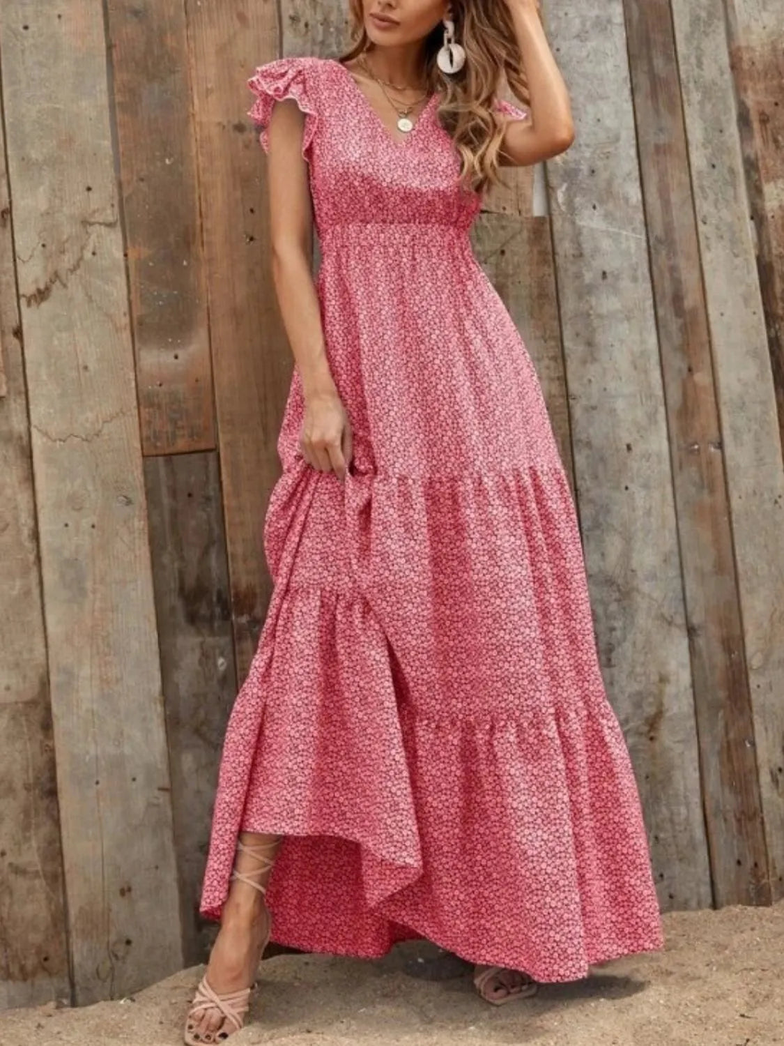 Printed V-Neck Ruffled Cap Sleeve Maxi Dress Scarlet OutfitFlow