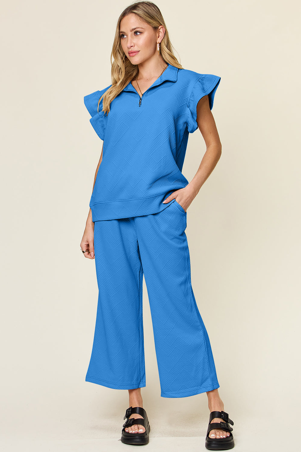 Double Take Texture Ruffle Short Sleeve Top and Drawstring Wide Leg Pants Set Cerulean OutfitFlow