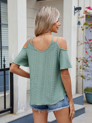 Florira Round Neck Cold Shoulder Eyelet T-Shirt OutfitFlow