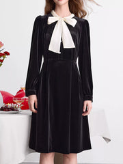 Velvet Bowknot Long Sleeve A-Line Dress Black OutfitFlow