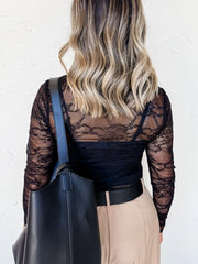 Lace Crochet Mesh Patched Slim Fit Long Sleeve Top OutfitFlow