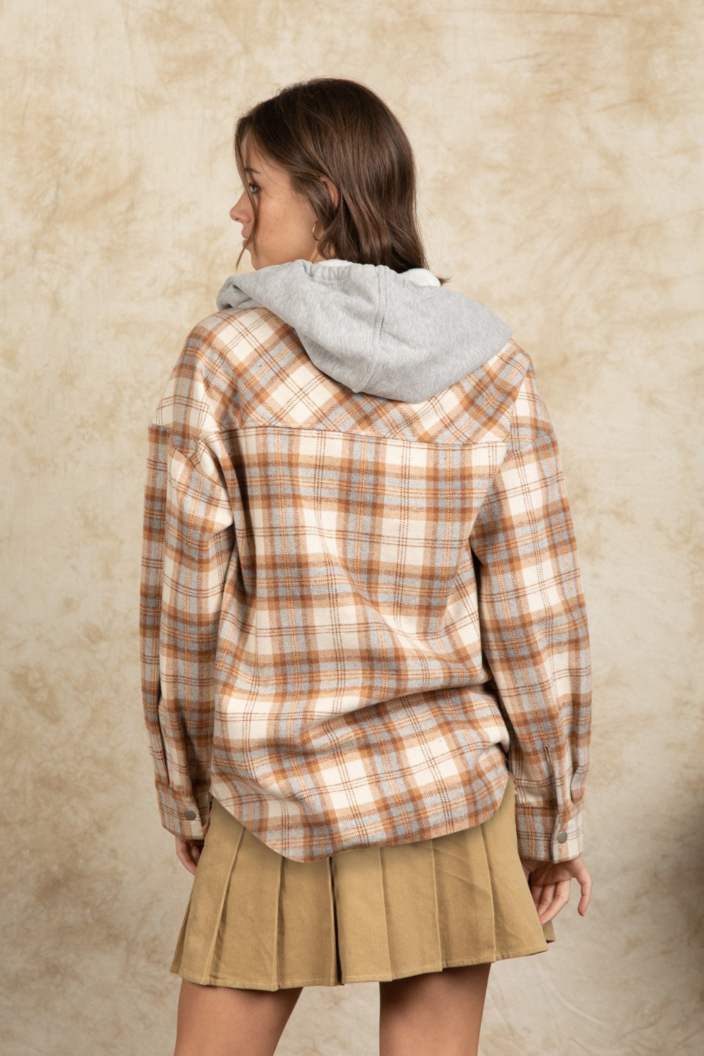 Outfit Flow - Drawstring Plaid Long Sleeve Hooded Jacket