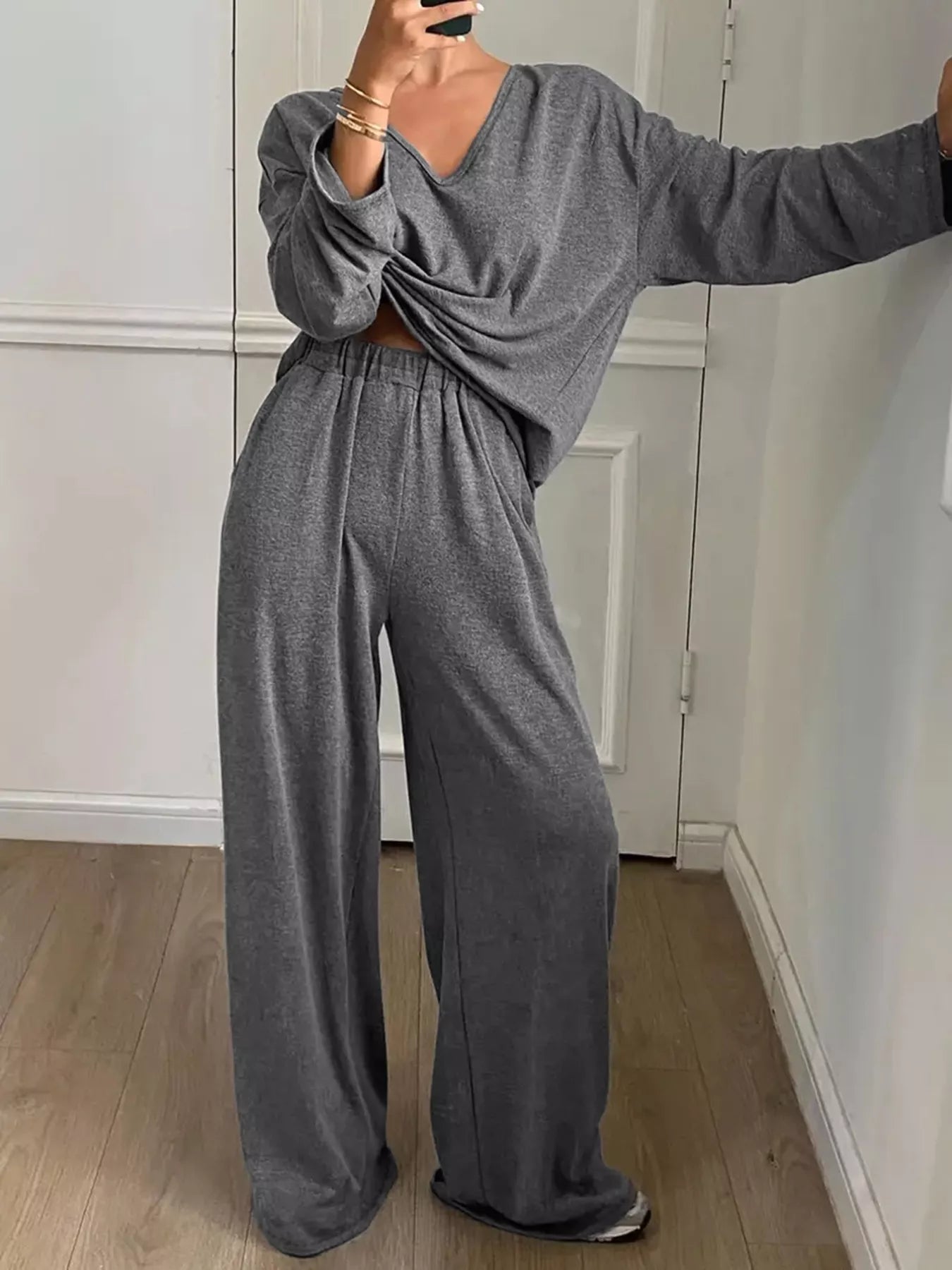 Plus Size Relaxed Fit V-Neck Top and Pants Set OutfitFlow