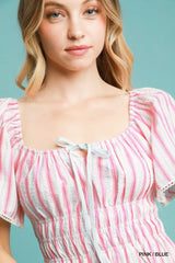 Umgee Smocked Striped Short Sleeve Midi Dress Trendsi