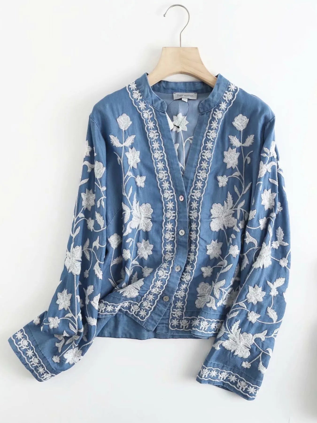 Floral Embroidered Button Up Denim Shirt OutfitFlow
