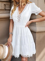 Lace Trim V-Neck Mini Dress OutfitFlow
