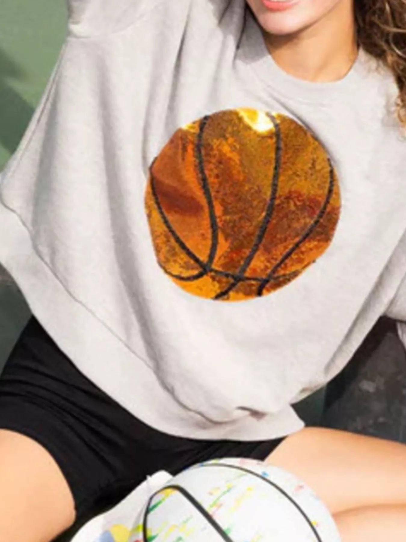 Basketball Round Neck Long Sleeve Sweatshirt Gray OutfitFlow