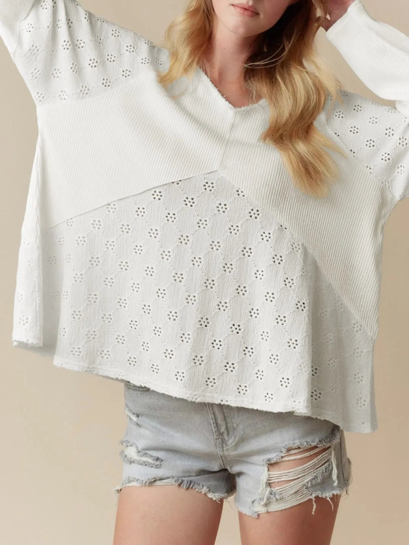 Eyelet Embroidered Loose V Neck Long Sleeve Top OutfitFlow