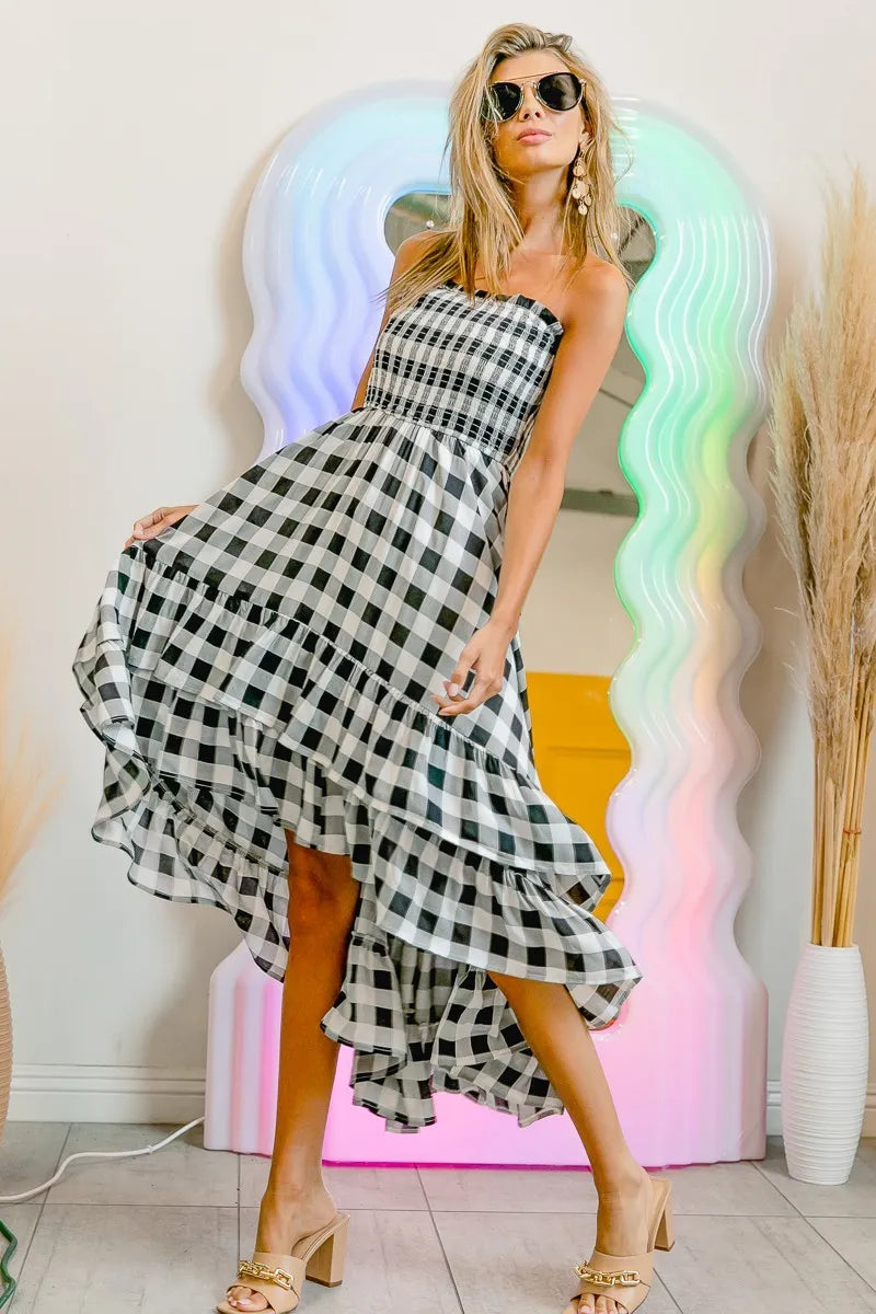 BiBi Smocked Body Off Shoulder Check Dress OutfitFlow