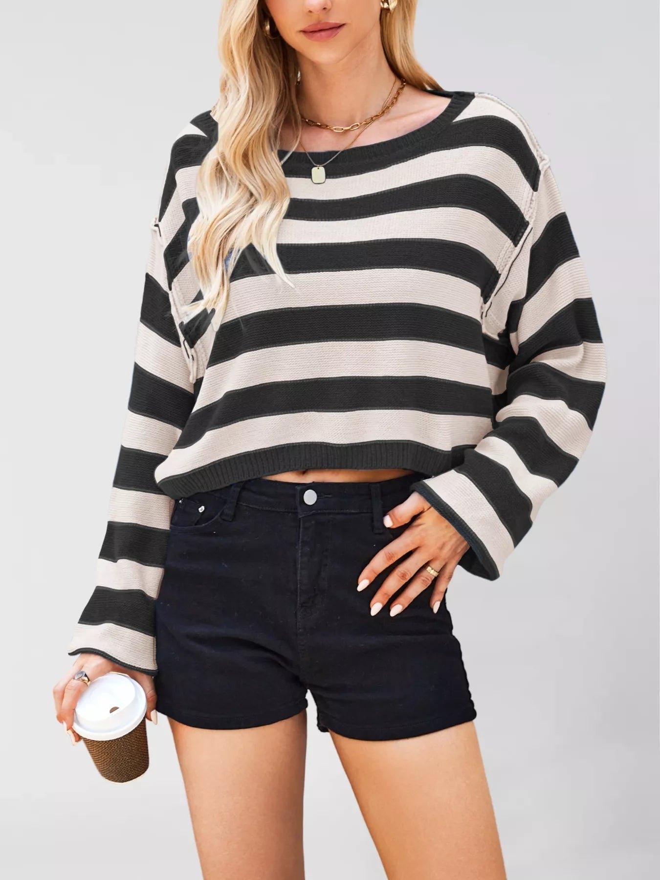 Striped Dropped Shoulder Sweater Black OutfitFlow