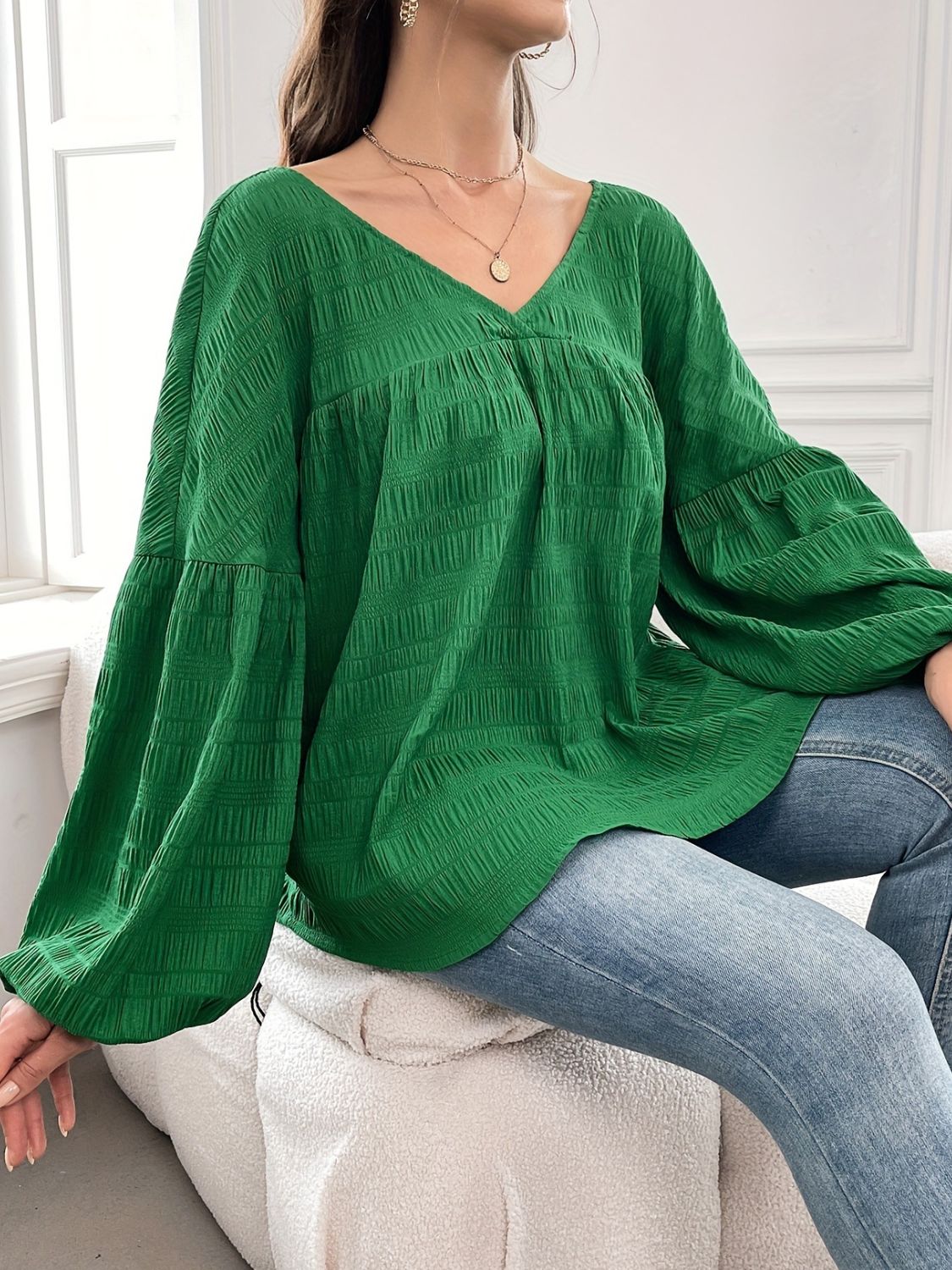 Outfit Flow - Plus Size Texture V-Neck Long Sleeve Top