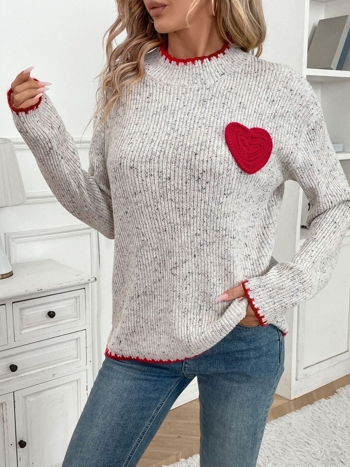 Outfit Flow - Perfee Contrast Heart Round Neck Long Sleeve Sweater