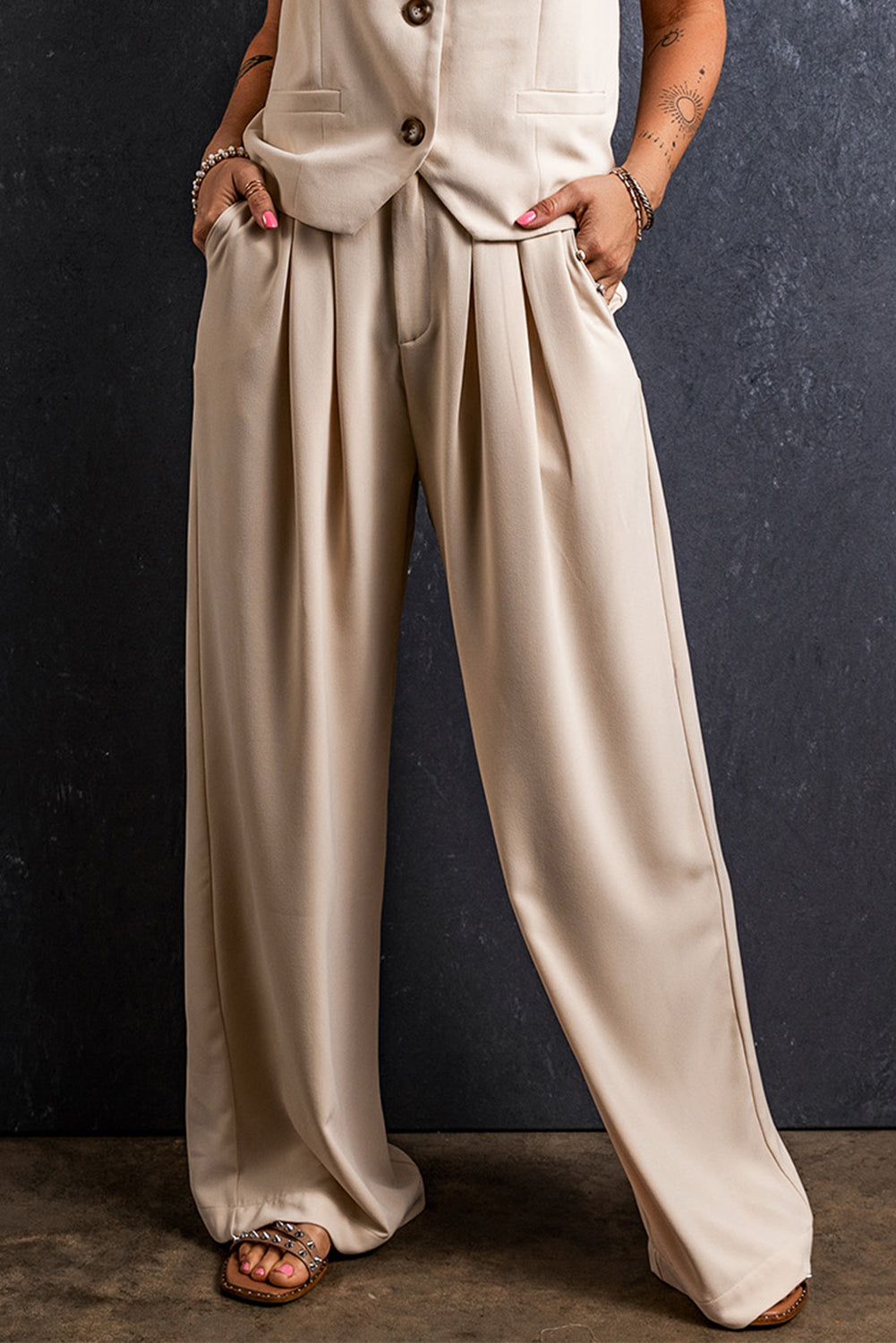 Outfit Flow - Ruched Wide Leg Pants with Pockets