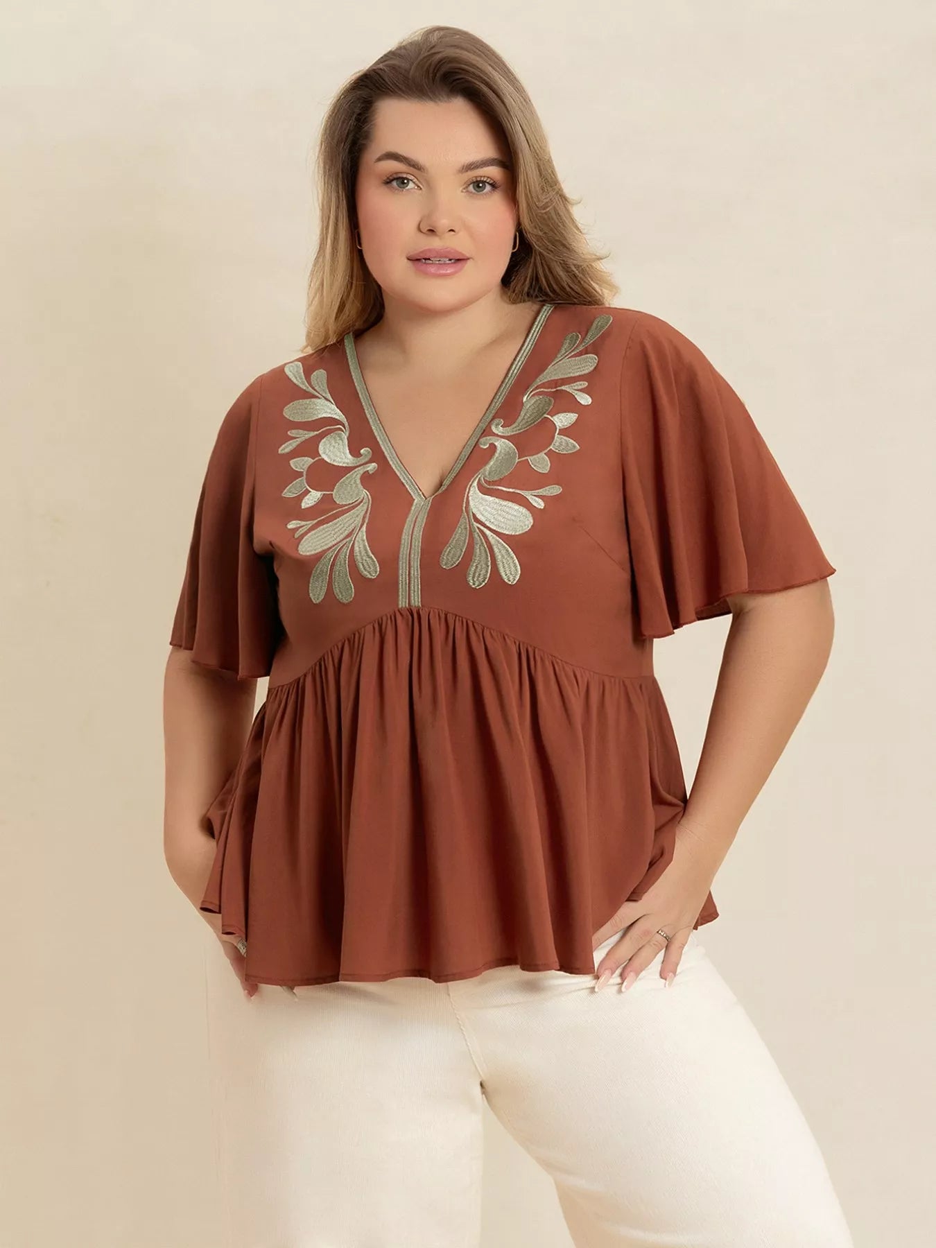 Plus Size Embroidered V-Neck Flutter Sleeve Blouse OutfitFlow