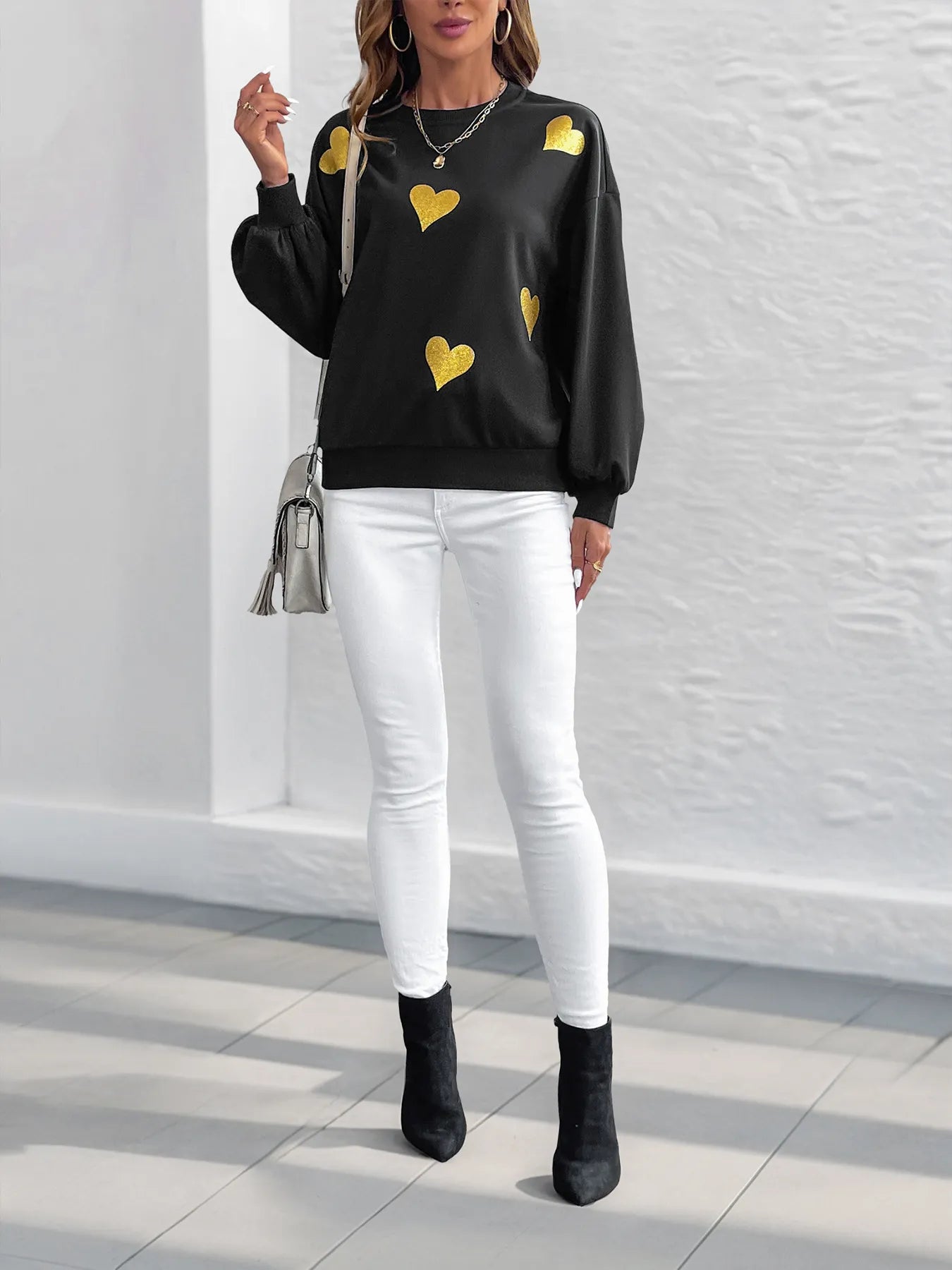 Heart Print Long Sleeve Sweatshirt OutfitFlow