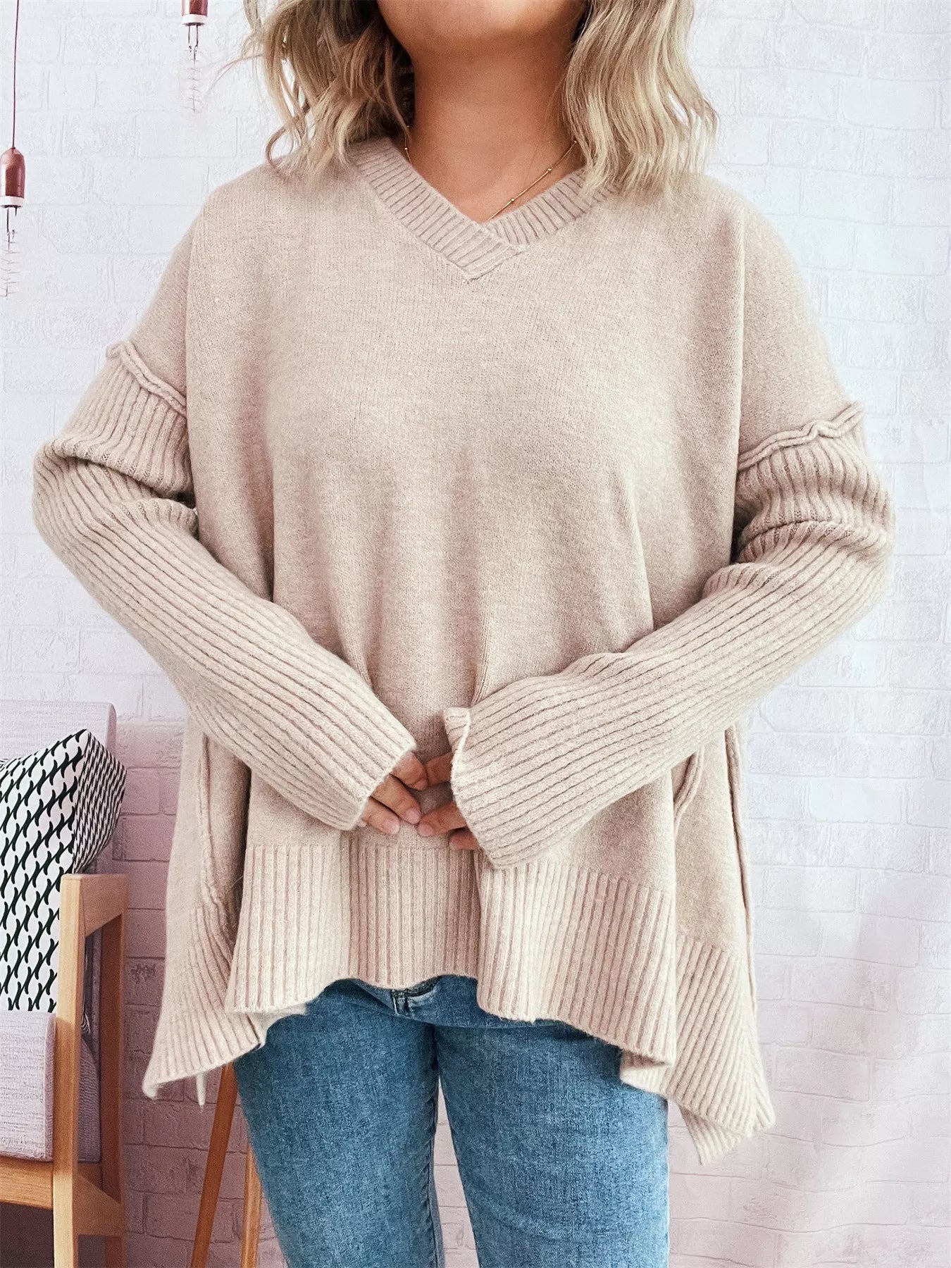 V-Neck Dropped Shoulder Sweater OutfitFlow