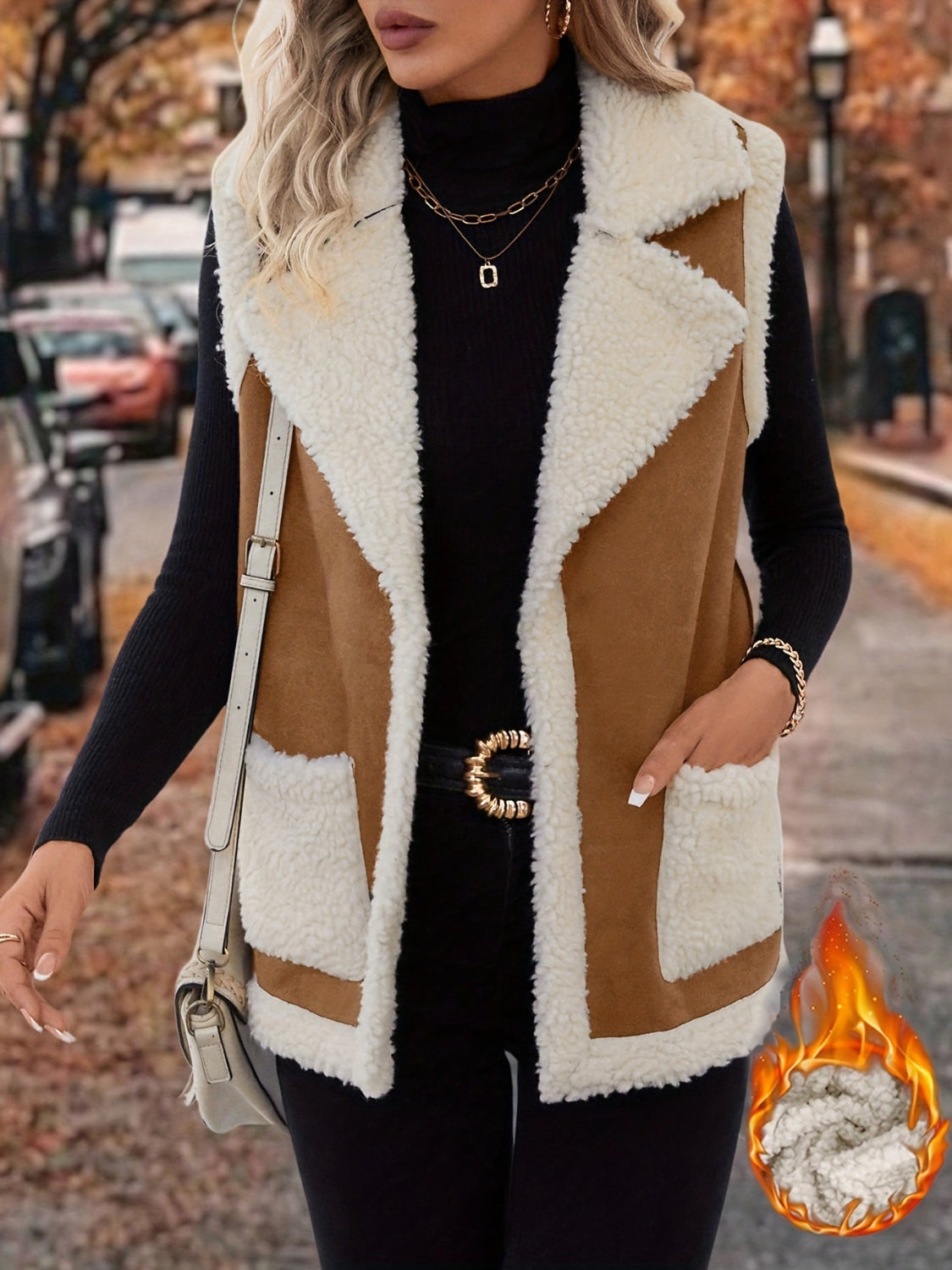 Full Size Contrast Open Front Sherpa Vest Coat