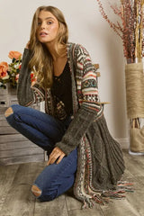 ADORA Full Size Fringe Hem Aztec Cardigan Plus Size OutfitFlow