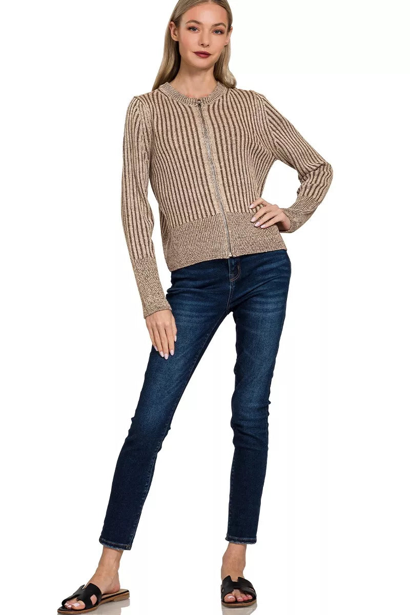 Zenana Ribbed Two Tone Zip Up Sweater Cardigan Trendsi