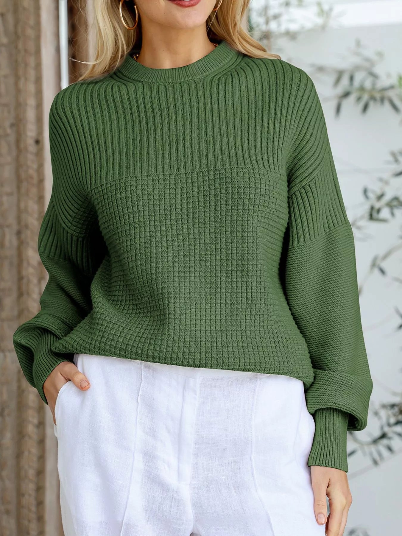 Textured Knit Round Neck Sweater OutfitFlow
